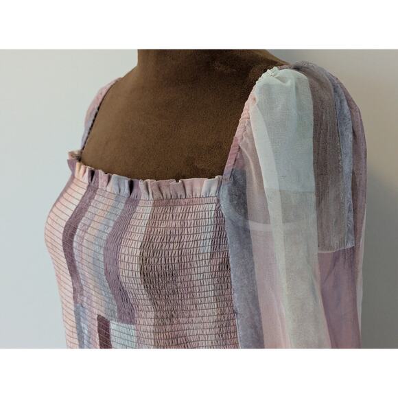 Aritzia Wilfred Tempest Chiffon Semi Sheer Smocked Mini Dress in Pastel Print M - Picture 4 of 6